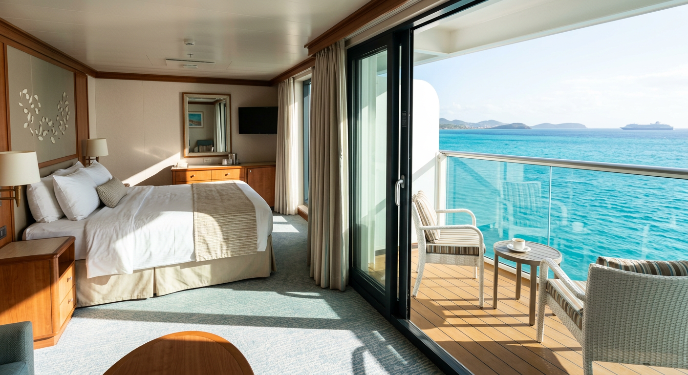 Balcony stateroom with sliding doors open to a private balcony over turquoise water