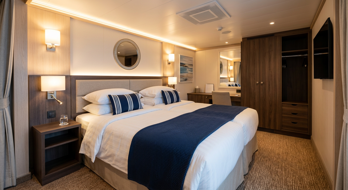 Interior cruise stateroom with a made-up bed and warm lighting