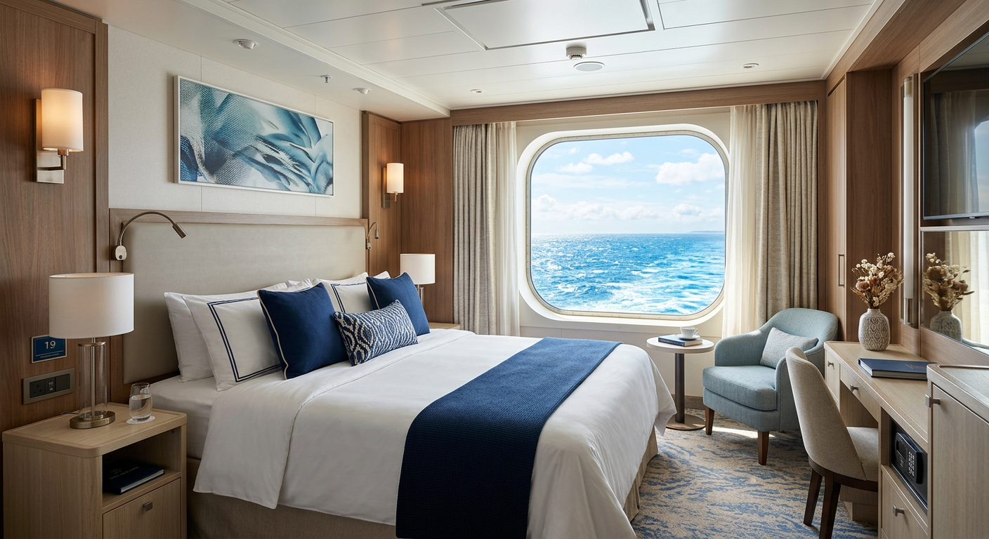 Oceanview stateroom with a large window looking out to the sea