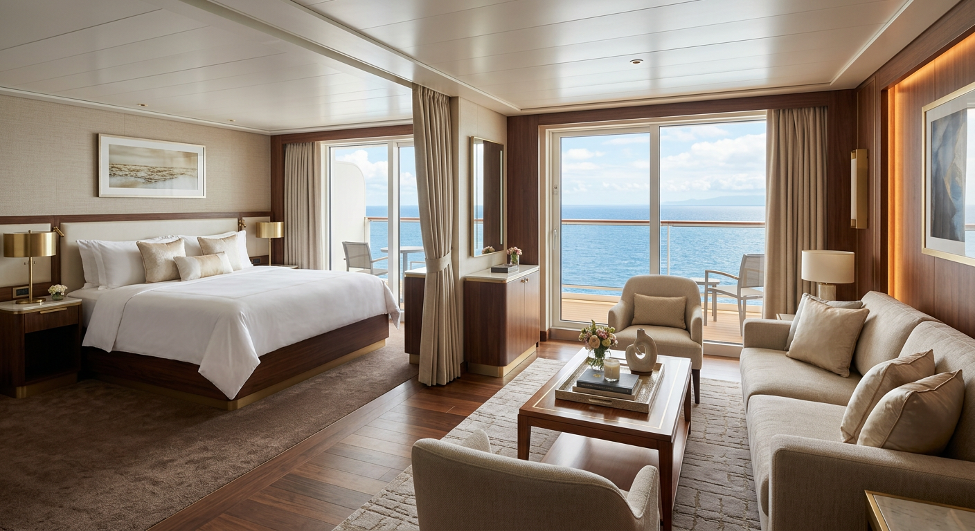 Spacious cruise suite with sitting area and balcony doors