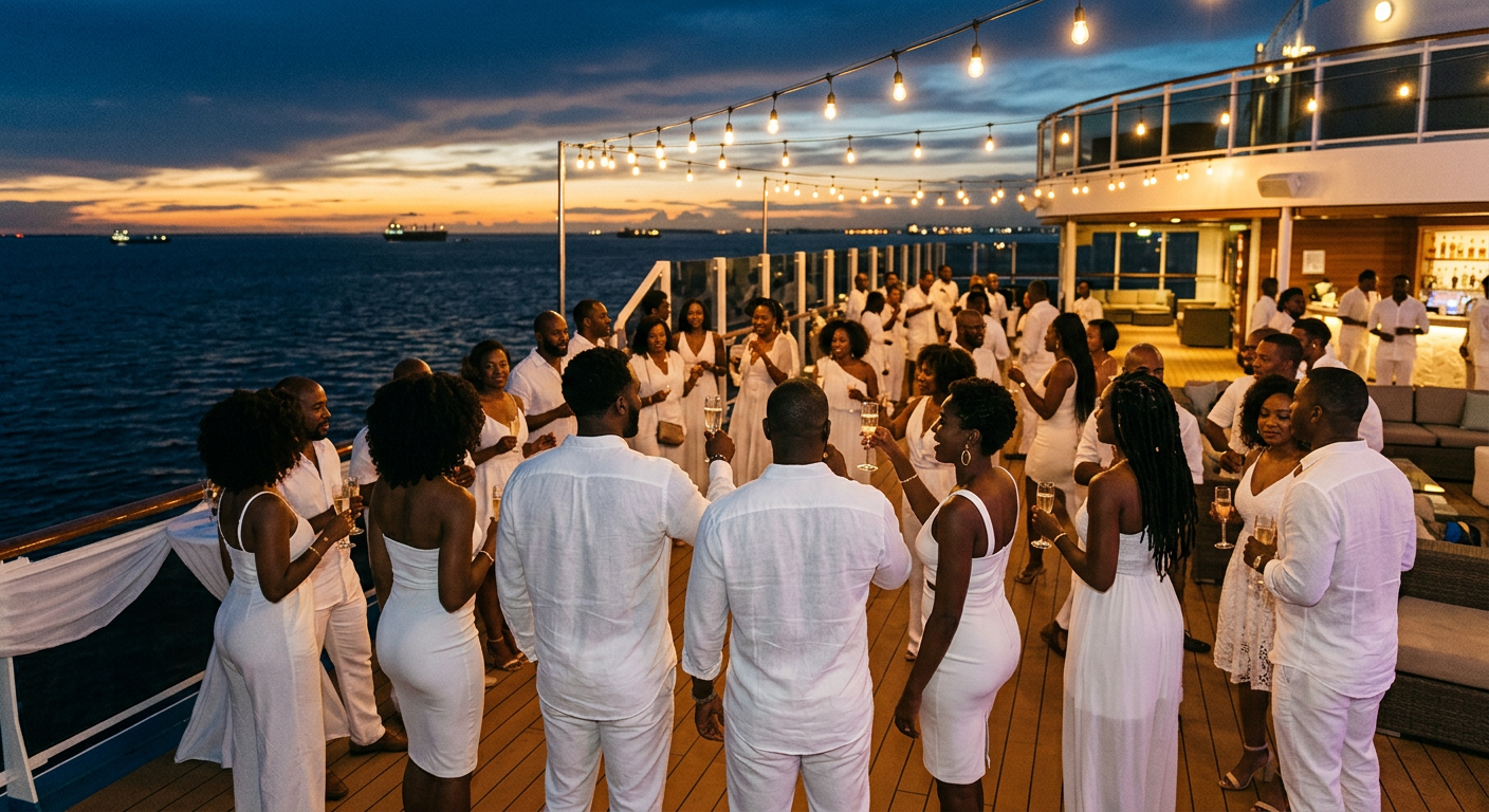 Guests dressed in white on an open deck at twilight