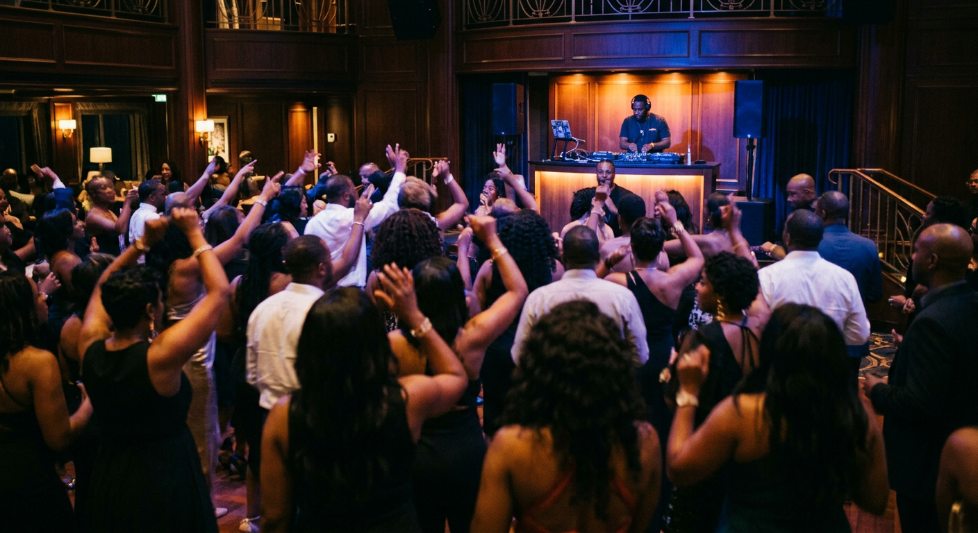 Crowd dancing under warm amber and blue lights in a ship lounge